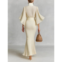 Cyflymder  Apricot Women's Suit 2026 Spring New Ruffles Neck Flare Sleeve Tops High Waist Folds Slit Mermaid Skirt Sets 196198