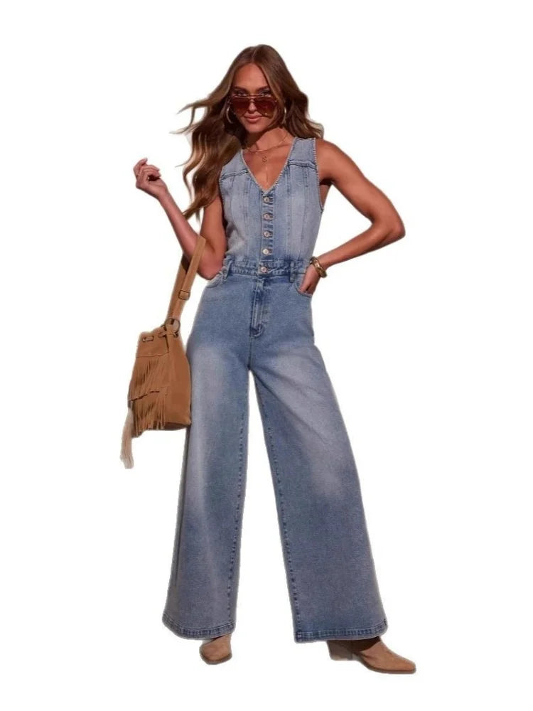 Cyflymder  Jumpsuits Rompers Women Wholesale New American Summer Casual V Neck Sleeveless Denim Jumpsuit for Woman Luxury 2025