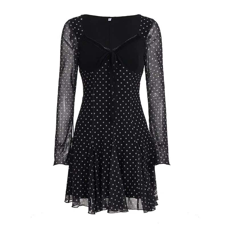 Cyflymder  Elegant Lace-Trimmed Polka Dot A-Line Mesh Dress For Women Summer Sexy Y2k Long Sleeve Dress Streetwear 90s Clothes New