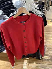 Cyflymder  Christmas Red Knitted Sweater Cardigan Autumn Round Neck Single Breasted Cotton Knitwear Casual Vintage Chic Y2K Sweaters Coat