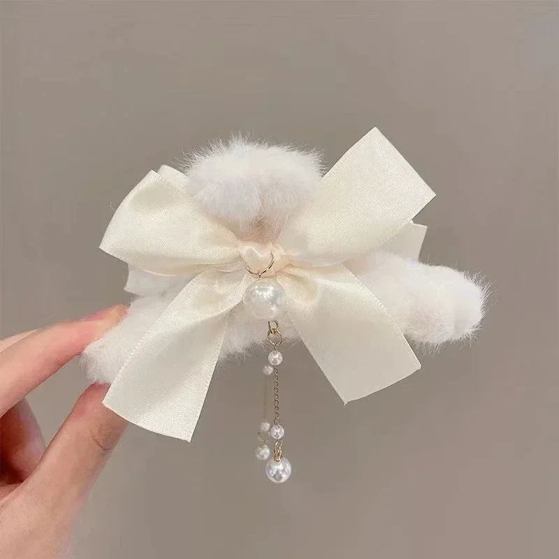 Cyflymder cute winter outfits New Fashion Bow Tassel Pendant Hair Clips Korea Ponytail Plush Shark Claw Girls Fall and Winter Gift Hair Accessories