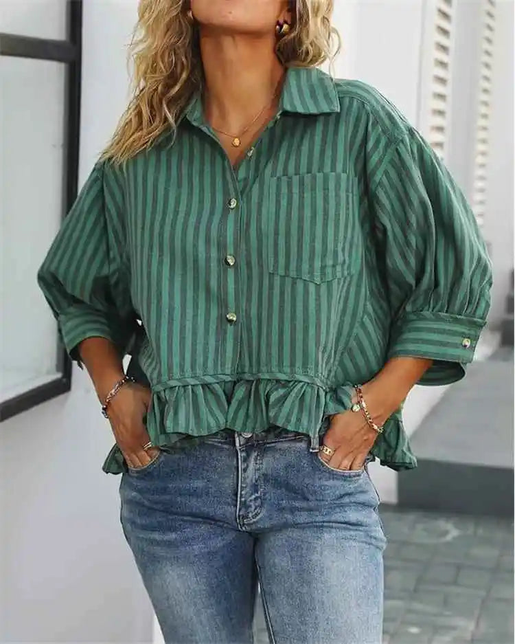 Cyflymder  Casual Stripe irt Women's Summer Top Button down ort Sve Gathered Hem Bubble Sve Polyester Fiber Commute Sleeve