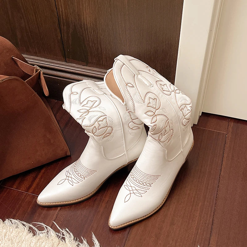 Cyflymder  Autumn Winter Vintage Women Western Cowboy Boots Fashion Slip On Thick Heel Shoes Embroidery Knight Mid Calf Botas