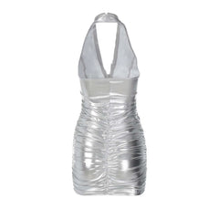 Cyflymder  Women Sliver Sexy Dress Bodycon V-Neck Halter Backless Mini Dress Women Pleated Front Zipper Sleeveless Nightclub Party Dress