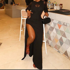 Cyflymder  Fashion Round Neck Wrap Hip Dress Women Elegant Mesh Splicing Solid Color Long Dress Autumn Casual Long Sleeve Party Dress