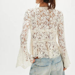 Cyflymder  Women Lace See Through Blouse Boho Sheer Long Bell Sleeve Ruffle Poncho Tops Sexy Mesh Flowy Frilly Hem Shawl Shirt