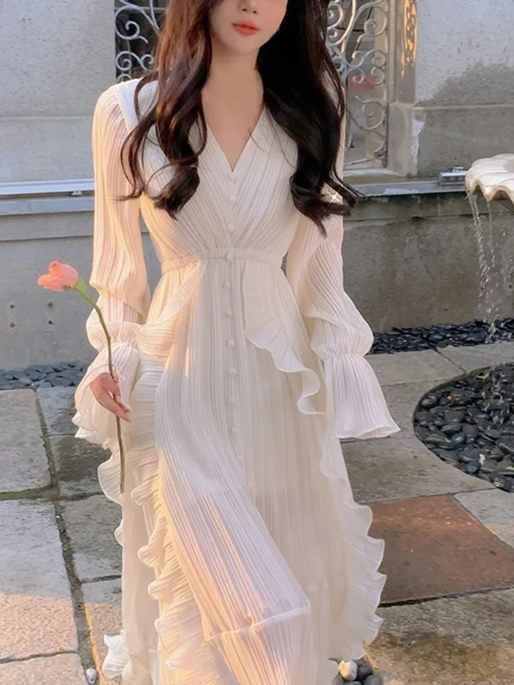 Cyflymder  Pure Color French Elegant Dress Woman Long Sleeve Fairy Midi Dress Casual Summer Slim Party One Piece Dress Korean Design
