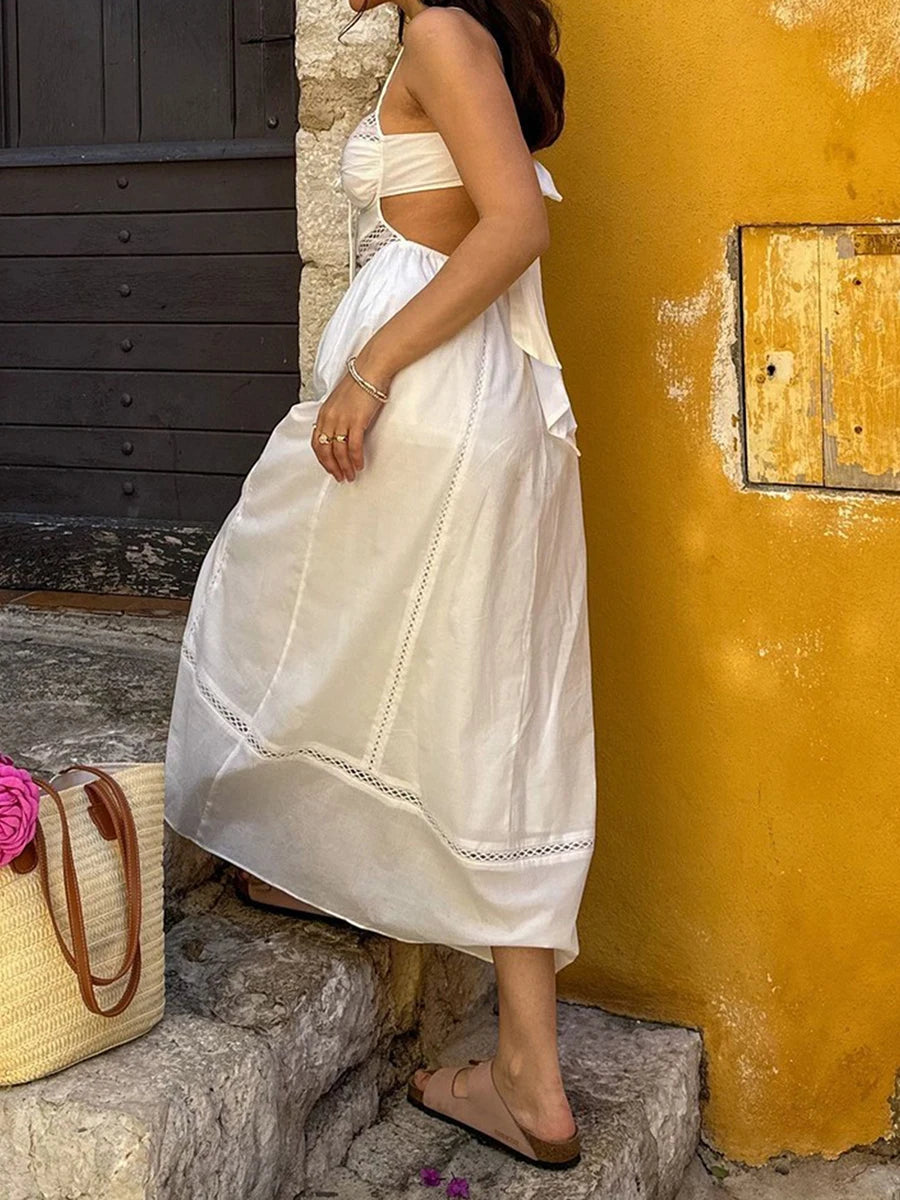Cyflymder  Elegant Lace Sleeveless Maxi Dress with V-Neckline and Open Back Detail for Evening Cocktail Wedding Party Wear
