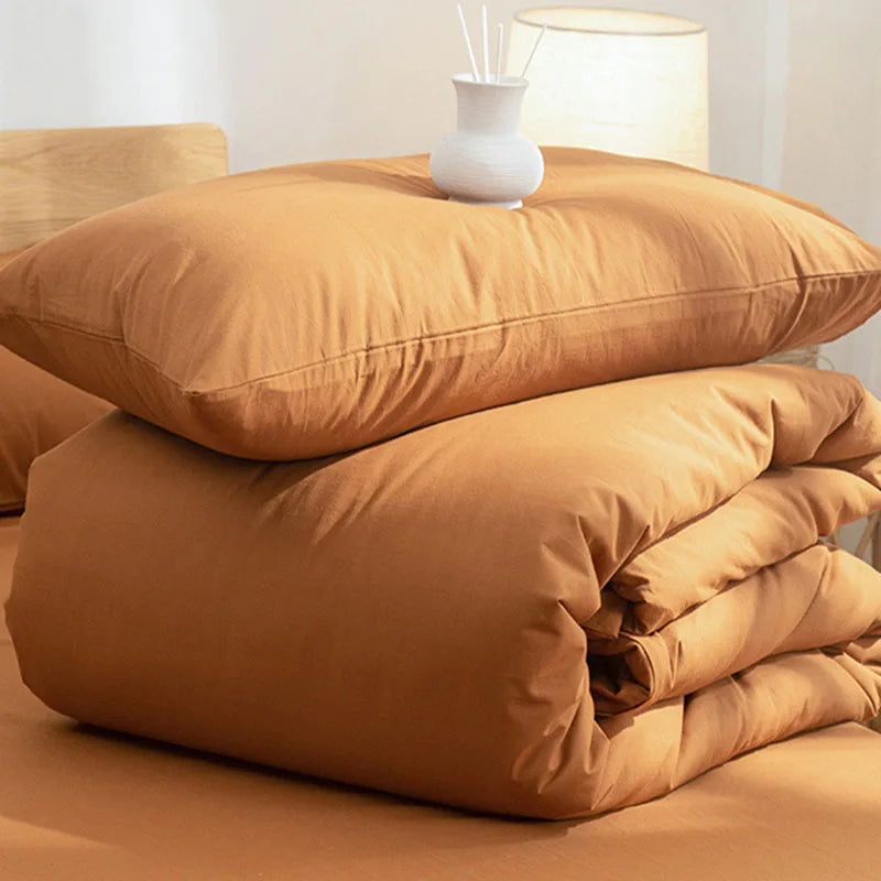 Cyflymder  Solid Color Pure Cotton High-Density Bedding Sets Washed Cotton Soft Duvet Cover Kit Skin Friendly Breathable Bedclothes