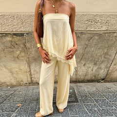 Cyflymder  Women 2 Piece Pants Lace Trim Asymmetrical Strapless Tank Top Pants Elegant Lady Going Out Matching Lounge Set