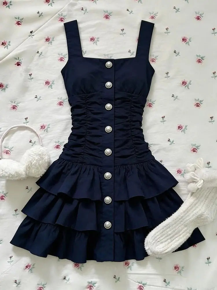 Cyflymder   Navy Blue Sweet Ruffle Mini Dress Women New Vintage Sleeveless Slim Fit A-Line Summer Dresses Pure Desire Y2k Party Outfits