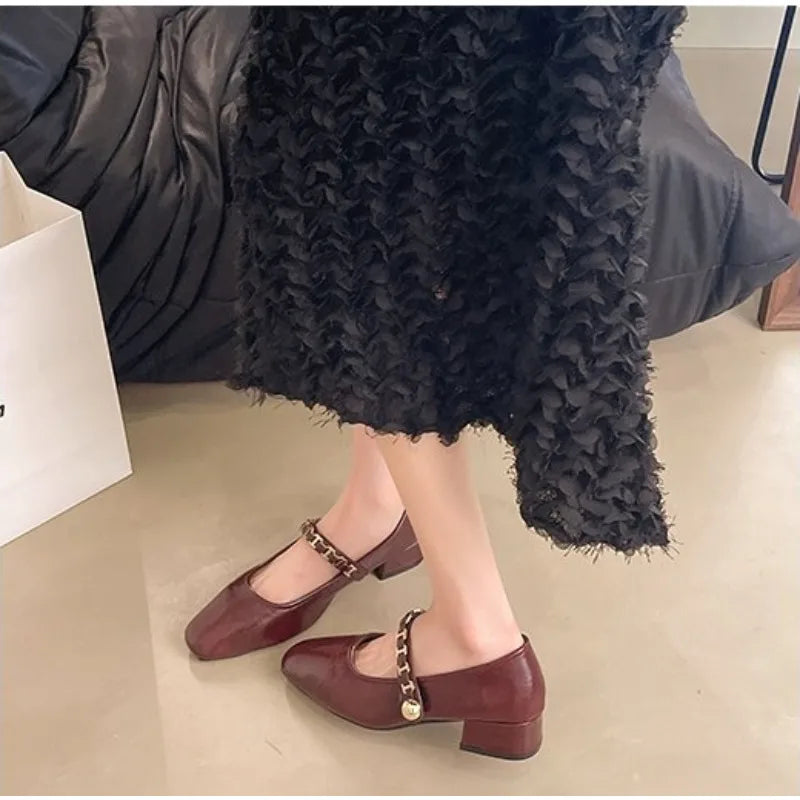 Cyflymder  Retro low-heeled single shoes for women, new summer fashion gold buckle square toe comfortable high-heeled leather shoes