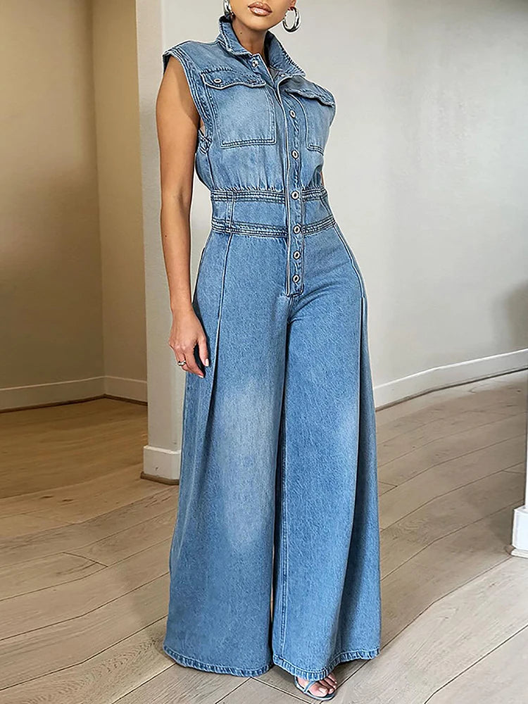 Cyflymder  Women Denim Straight Jumpsuit Single-Breasted Lapel Sleeveless Washed Vintage Chic Female High Street Jeans Jumpsuit