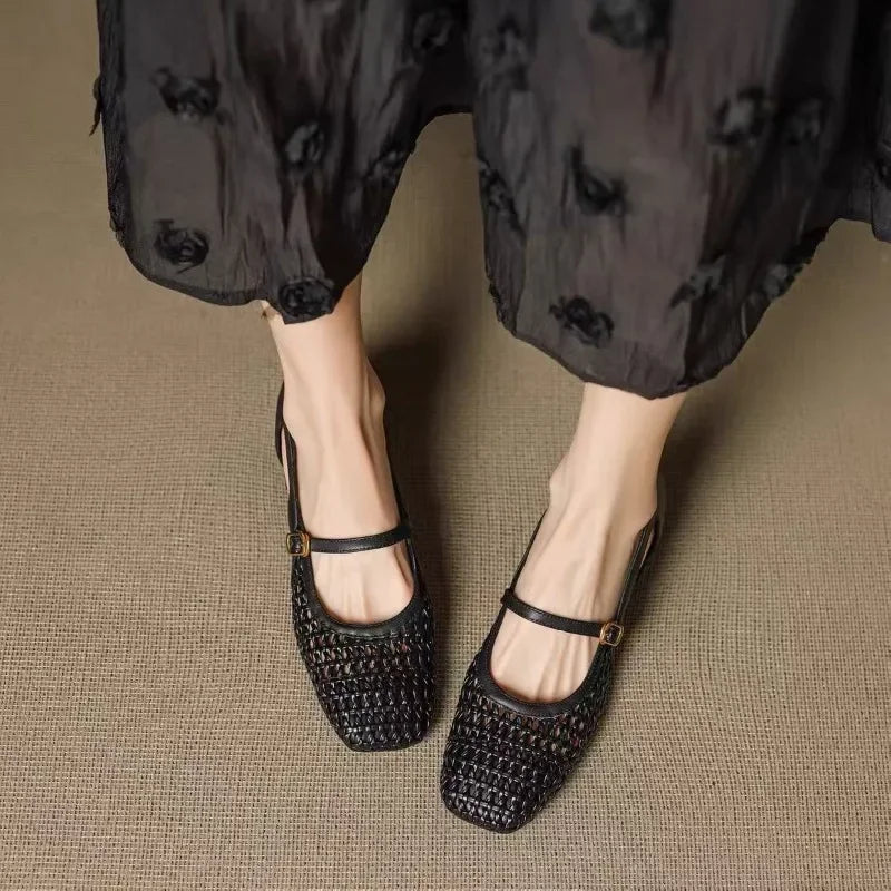 Cyflymder  French Single Shoes Women Spring Summer Cutout Woven Square Toe Kitten Heel Block Heel Off-White Sandals