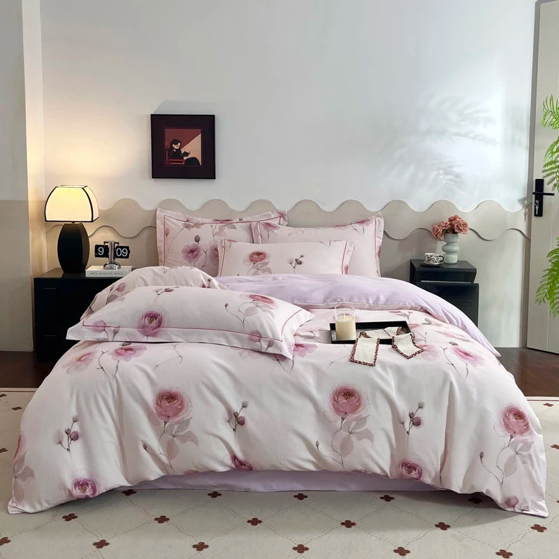 Cyflymder  100% Cotton Flowers Print Luxury Bedding Set Single Double Queen King Size Duvet Cover Flat/Fitted Bed Sheet Pillowcases 3/4Pcs