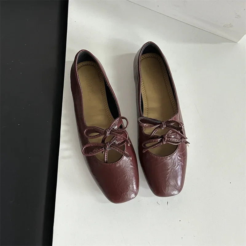 Cyflymder  Korean Style Flat Bottom Butterfly Knot Single Shoes Women's Silver Mary Janes Low Heel Square Toe Synthetic Inner Slip-On Shoes