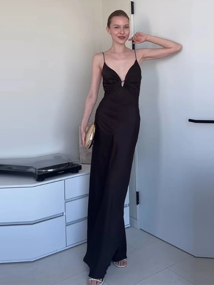 Cyflymder  Deep V Pleat Slip Long Dress Women Sexy Sleeveless Backless Waist Cinching Hip Package Dragging Party Dresses Chic Ladies Robes