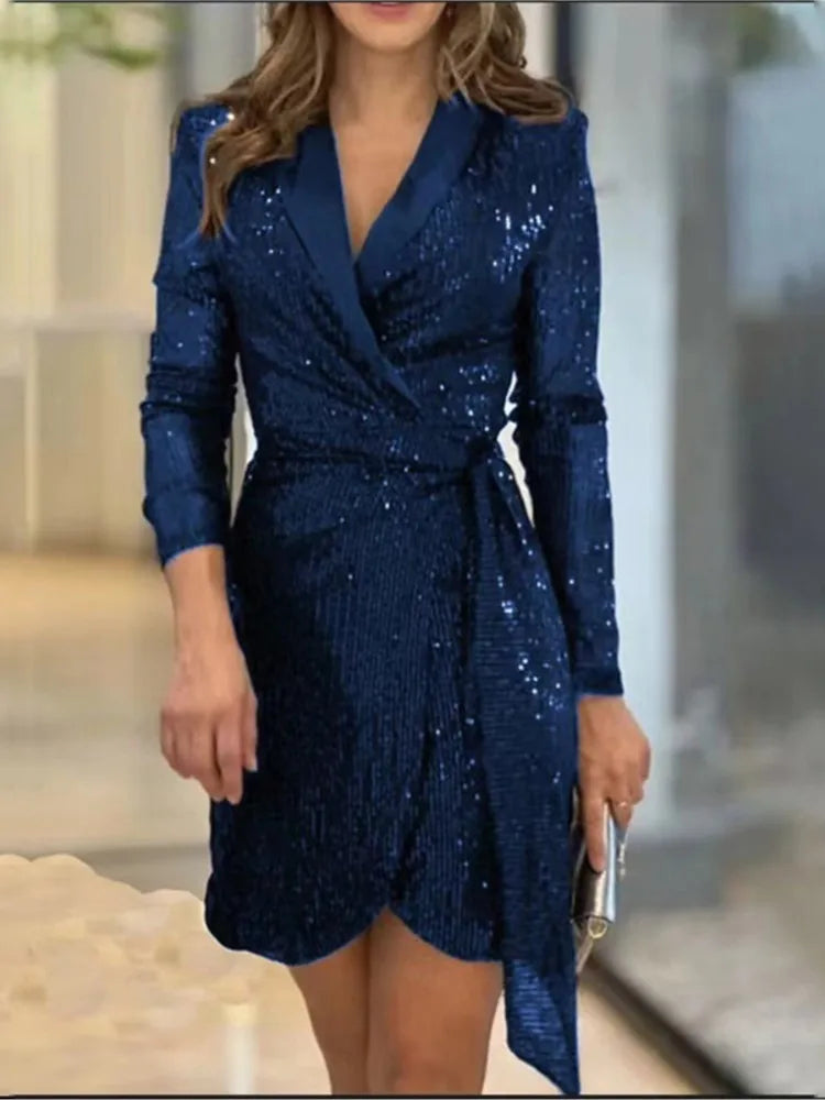 Cyflymder DRESS TO IMPRESS Women's Spring Summer New Collection Solid Color Fashionable Sexy Waist Series Sequined Suit Collar Long Sleeved Lace Up Dress