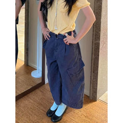 Cyflymder  American Retro Plus Size Washed Wide Leg Denim Pants Women Multi Pocket Belted Design Cropped Pants Chic Streetwear Daily Casual