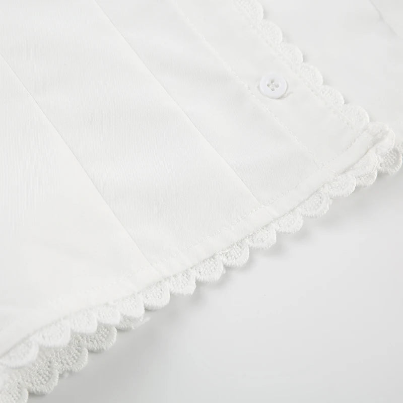Cyflymder  Prepppy Style Casual Solid Lace Trim Blouse Slim Turn Down Collar Short Sleeve Shirts Women Summer Fashion Ladies