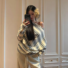 Cyflymder  Casual Striped Women Sweater Slash Neck Long Sleeve Temperament Jumper Sueter Mujer Fashion Knitted Pullovers Tops Pull Femme