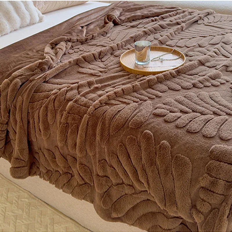 Cyflymder  Solid Banana Leaf Jacquard plush blankets Double Layered Thick Faux Rabbit Fur Bedspread Multi-Functional Office Nap Blanket