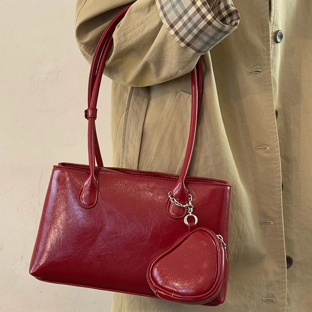 Cyflymder  Korean Long Handle Shoulder Bag, Large Capacity Women's Commuting Tote Bag, Fashionable and Elegant Wine Red Bridal Bag