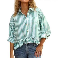 Cyflymder  Casual Stripe irt Women's Summer Top Button down ort Sve Gathered Hem Bubble Sve Polyester Fiber Commute Sleeve
