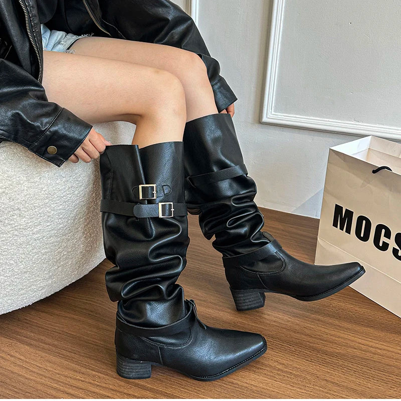 Cyflymder  Autumn Winter Pleated Women Knee High Boots Vintage Square Low Heels Shoes Female Belt Buckle Long Booties