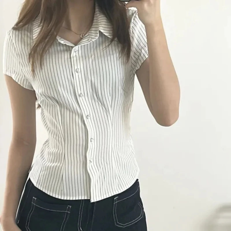 Cyflymder  Women Short Sleeve Button Down Fitted Shirts Striped Print Slim Cropped Collared Blouse Business Shirts