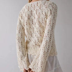 Cyflymder  Women Vintage Front Tie Cardigan Crochet Hollow Out Knitted Sweaters Fall Long Sleeve Bolero Shrug Y2K Knitted Tops