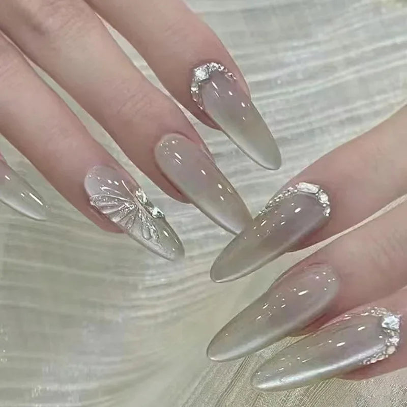 Cyflymder  30Pcs 3D Pink Fake Nails With Diamond Halloween Long Almond False Nail Butterfly Design Wearable Oval Press on Nails Tips Y2k
