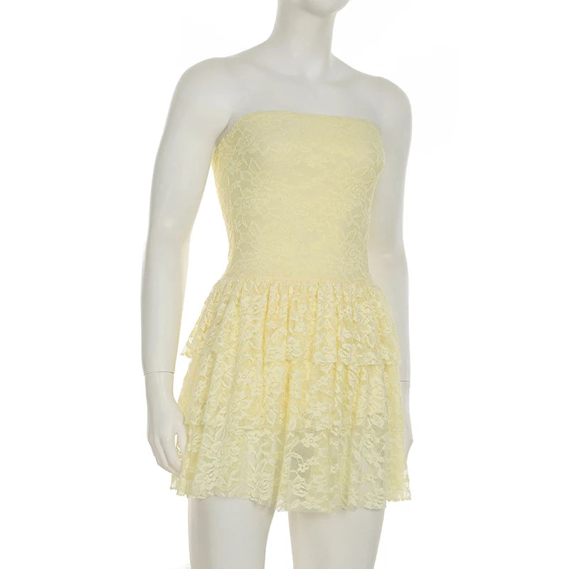 Cyflymder  Holiday Slim Lace A-Line Dress Beach Style Sweet Sexy Slash Neck Sleeveless Mini Dresses For Women 2025 Summer Fashion
