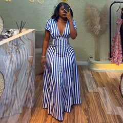 Cyflymder  Women Striped Printed V-Neck Dress Short Sleeve Elegant Slim Casual Vacation Streertwear Vintage Long Dress Summer Dresses