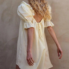 Cyflymder  Y2K Kawaii Short Puff Sleeves Mini Dress Vintage Square Neckline Tie Up Bodydall Dress Daily Party Club Loose Fit A-line Dress