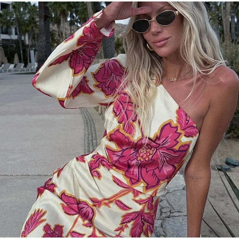 Cyflymder  Floral Print Satin One Shoulder Dress Waist Cinched Asymmetric  Summer Elegant Women Gown Causal Chic Lady Vestido