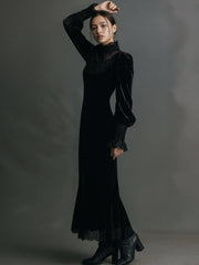 Cyflymder  Gothic Lace Patchwork Velvet Maxi Dress Women's Retro Autumn Winter Bodycon Elegant Lantern Sleeve Slim Party Gown