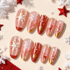 Cyflymder  24Pcs Cat's Eye Red French False Nails Press on Mid-length Almond Fake Nails Bow Snowflake Pearl Wearable Full Cover Nails Tips