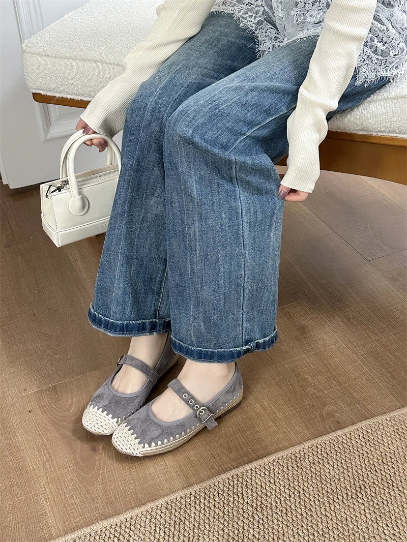 Cyflymder  New Woven Splicing Flats Women Faux Suede French Style Round Toe Buckle Mary Jane Shoes Comfort Shallow Designer Shoes Loafers