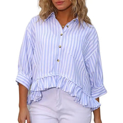 Cyflymder  Casual Stripe irt Women's Summer Top Button down ort Sve Gathered Hem Bubble Sve Polyester Fiber Commute Sleeve