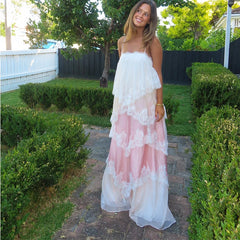 Cyflymder  Pink White Lace Tiered Maxi Dress For Women Sleeveless Spaghetti Strap Ruffle Flowy Bohemian Summer Vacation Beach Prom Dress