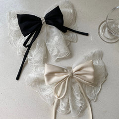 Cyflymder  Summer New Elegant Satin Bow Hair Headbands With Lace Mesh Pearl Decor Fashion Sweet Hair Accessories For Women Girls Daily