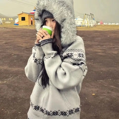 Cyflymder  Retro Preppy Jacquard Sweater Jacket Autumn Winter Casual Hooded Knitted Coat Women Loose Imitation Fur Zipper Outerwears A174