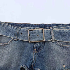 Cyflymder  Summer Vintage Belt Design America Shorts Y2k Aesthetic Fashion High Street Hole Short Pant Harajuku Stright Jean Trousers