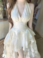 Cyflymder  French Elegant Irregular Sleeveless Dress Woman Harajuku Vintage Solid Lace Dress Korean Fashion Short Party Dress Chic