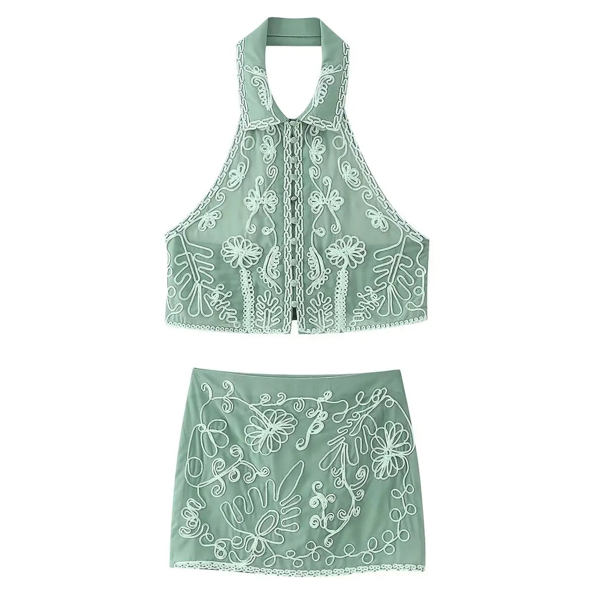 Cyflymder  Embroidery Women New in Matching Sets Halter Backless Sexy Two Pieces Set Summer Beach Boho Party Outfits Skirt Set