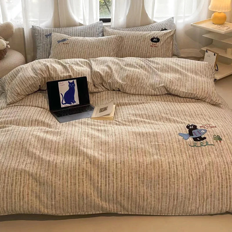 Cyflymder New Cotton Hemp Embroidery Bedding Sheet Sets Solid Cartoon Comfortable Soft Duvet Cover Kit Fitted Sheet Set for Single Queen
