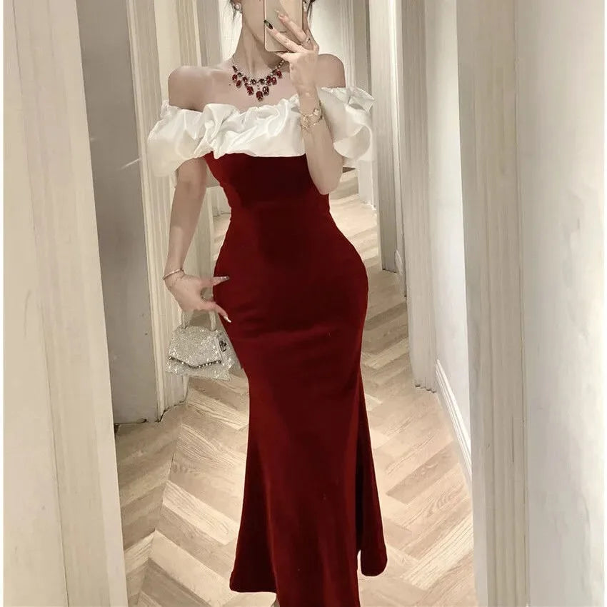Cyflymder  Mermaid Dresses Women Sexy Slash Neck Off Shoulder Ruffles Patchwork Elegant Slim Evening Party Dress Female Backless Vintage