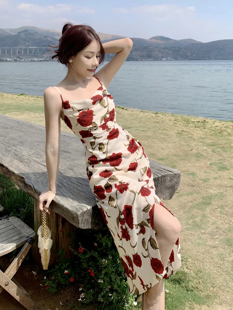 Cyflymder  Vintage Slash Neck Spaghetti Strap Rose Floral Chiffon Midi Dress for Women Party Elegant Bodycon Beach Robe Vestidos Summer New