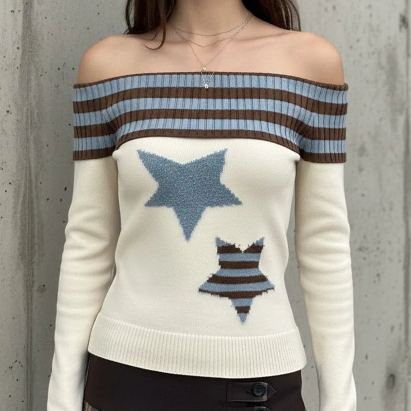 Cyflymder  Harajuku Slash Neck Stripe Sweaters Grunge Vintage Women Star Jacquard Pullovers Y2k Aesthetic Sexy Knitted Bodycon Jumper